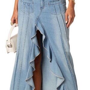 Edikted Light Blue Denim Ruffle Front Flare Skirt